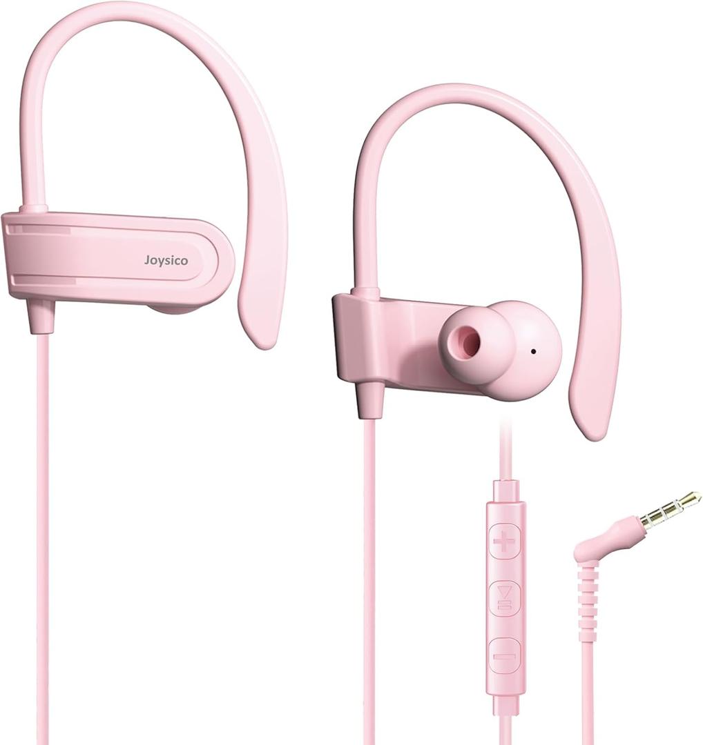 Wired Over Ear Earbuds with Microphone Volume Control Ear Hook and Case, Sweatproof Sport Earphones for Running Exercise Gym Workout, Wrap Around Headphones for Cellphones, Laptop, Tablet Pink