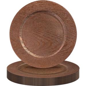 MAONAME Dark Brown Faux Wood Charger Plates, 13" Plastic Plates Chargers Set of 12, Farmhouse Chargers for Dinner Plate, Rustic Round Charger for Party