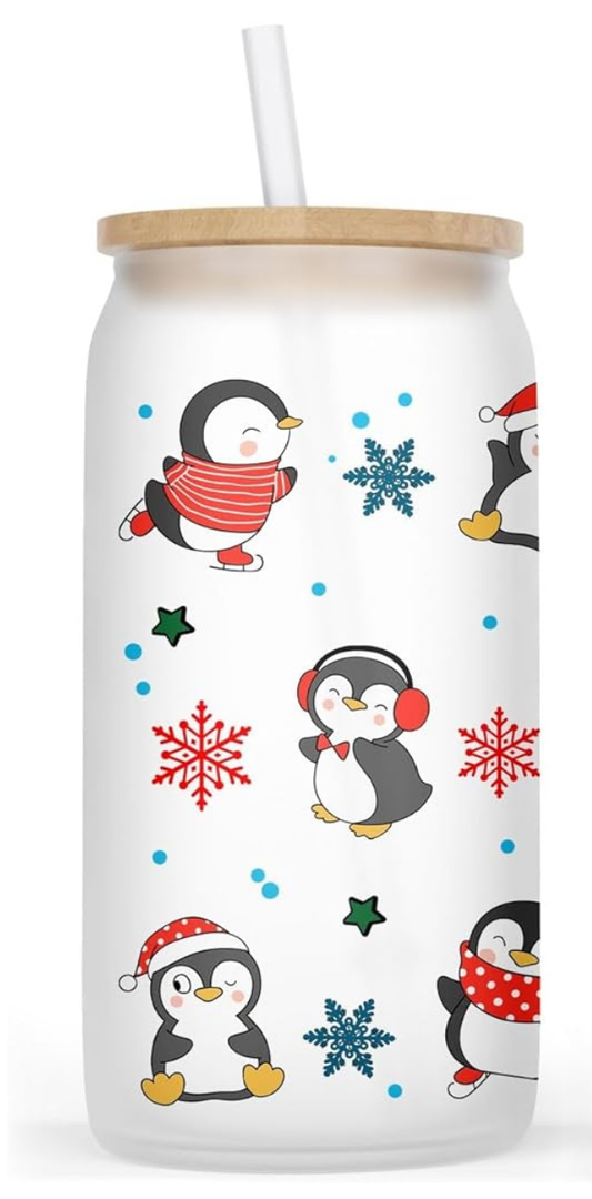Cute Penguin Christmas Glass Cup - 16Oz Frosted Tumbler for Iced Coffee or Beer - Gift for Friend