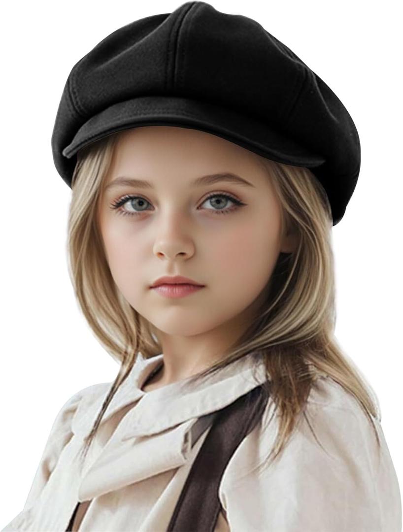 Jastore Kids Boys Girls Newsboy Caps Wool Flat Beret Cabbie Hat for Toddler (4-8 Years, Black)