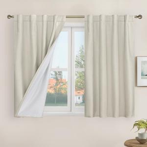 LAMIT Short Linen Curtains 40 Inches Long for Small Window, 100% Blackout Linen Textured Thermal Curtains Back Tab and Rod Pocket Panels with White Liner for Cafe, 2 Panels, 34 x 40 Inch, Stone