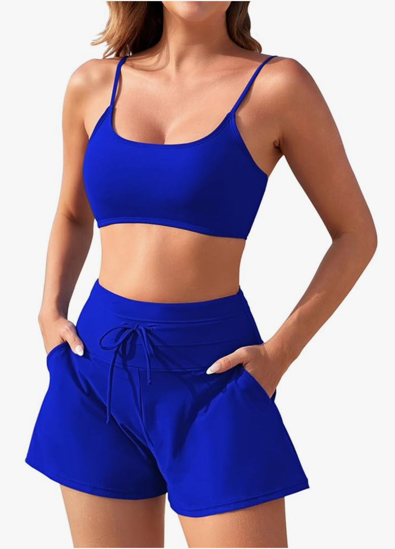 Pink Queen 2 Piece Bathing Suits for Women Adjustable Strap Top Drawstring High Waisted Bikini Shorts Swimsuit with Pockets Size S
