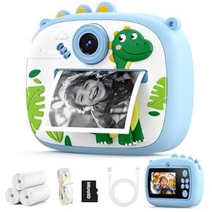 Kids Camera Instant Print, Kids Digital Camera with Photo Printing, Print Paper & 32GB Card, Kids Print Camera Birthday Gifts for Girls Boys 3 4 5 6 7 8 9 10 Year Old (Blue Dinosaur)