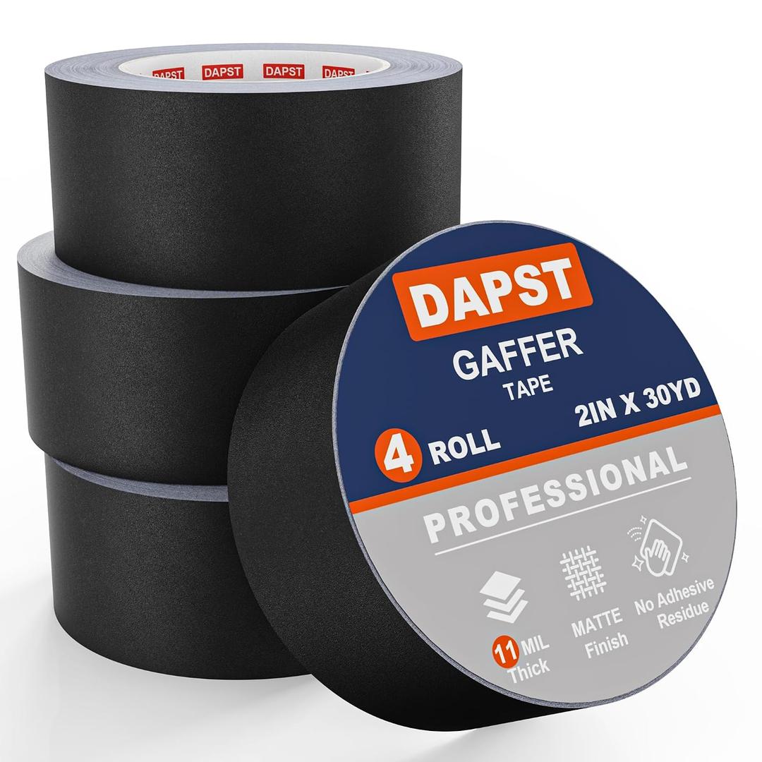 4 Pack Black Gaffers Tapes 2 Inch x 30 Yards x 11 Mil - Pro Black Gaff Tape - Waterproof, No Residue, Non-Reflective, Easy Tear - Photography, Filming Backdrop, Stage, Production (120 Yards in Tatal)