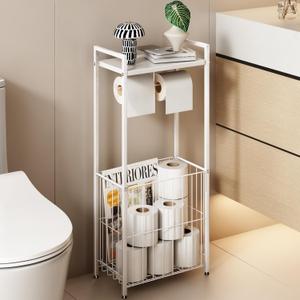 VOLDRA Toilet Paper Holder Stand with Storage Shelf, Free Standing Toilet Paper Roll Holder with Large Basket Heavy Duty Floor Double Tissue Dispenser for Bathroom Freestanding Tp Holder (Matte White)