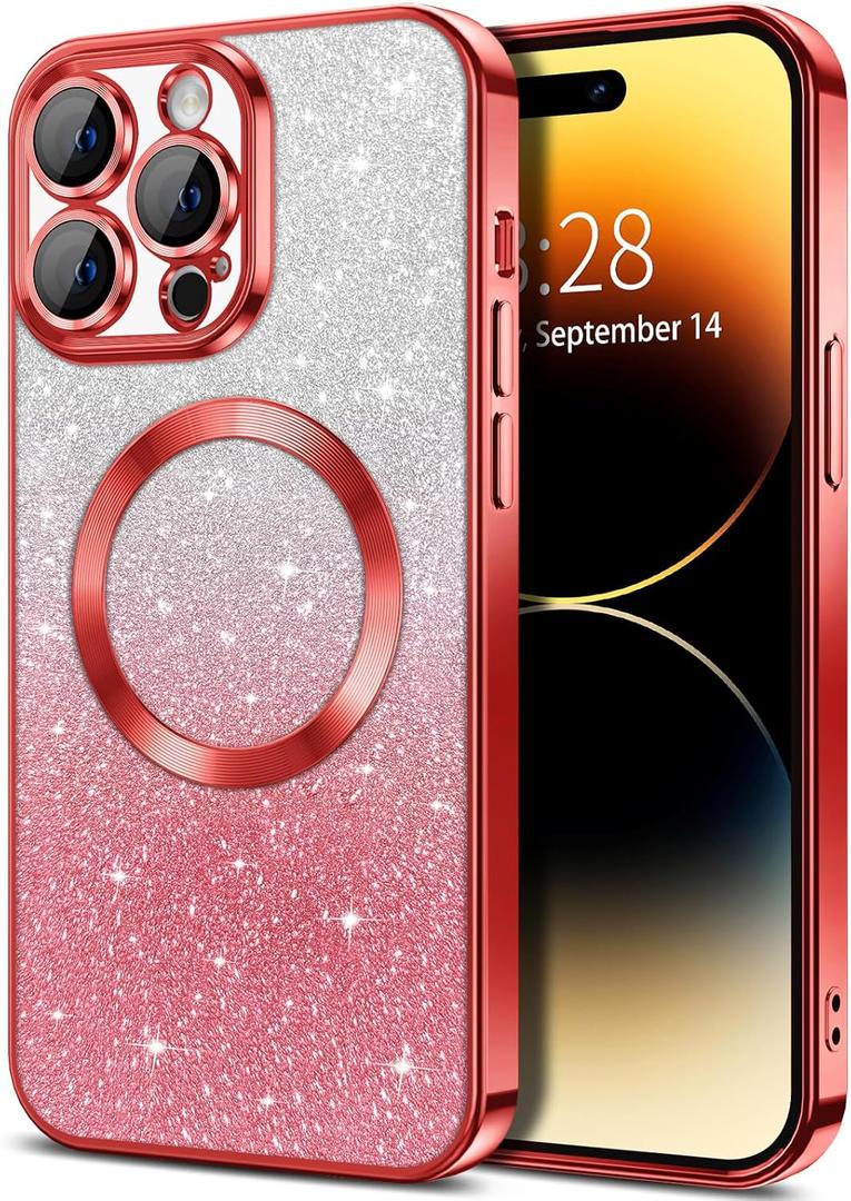 Hython for iPhone 14 Pro Case Clear Magnetic Glitter Phone Cases [Compatible with MagSafe] Full Camera Lens Protector Slim Gradient Sparkle Luxury Plating Shockproof Protective Cover Women, Red