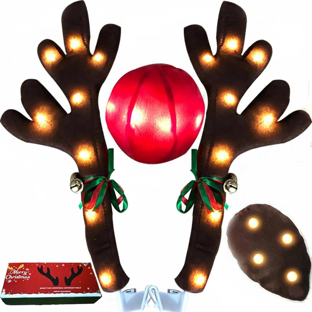 Christmas Car Reindeer Antlers & Nose Tail Kit with Jingle Bells, 2025 Cute Rudolph Car Costume for SUV, Van, Truck - Warm Lights Auto Holiday Decor