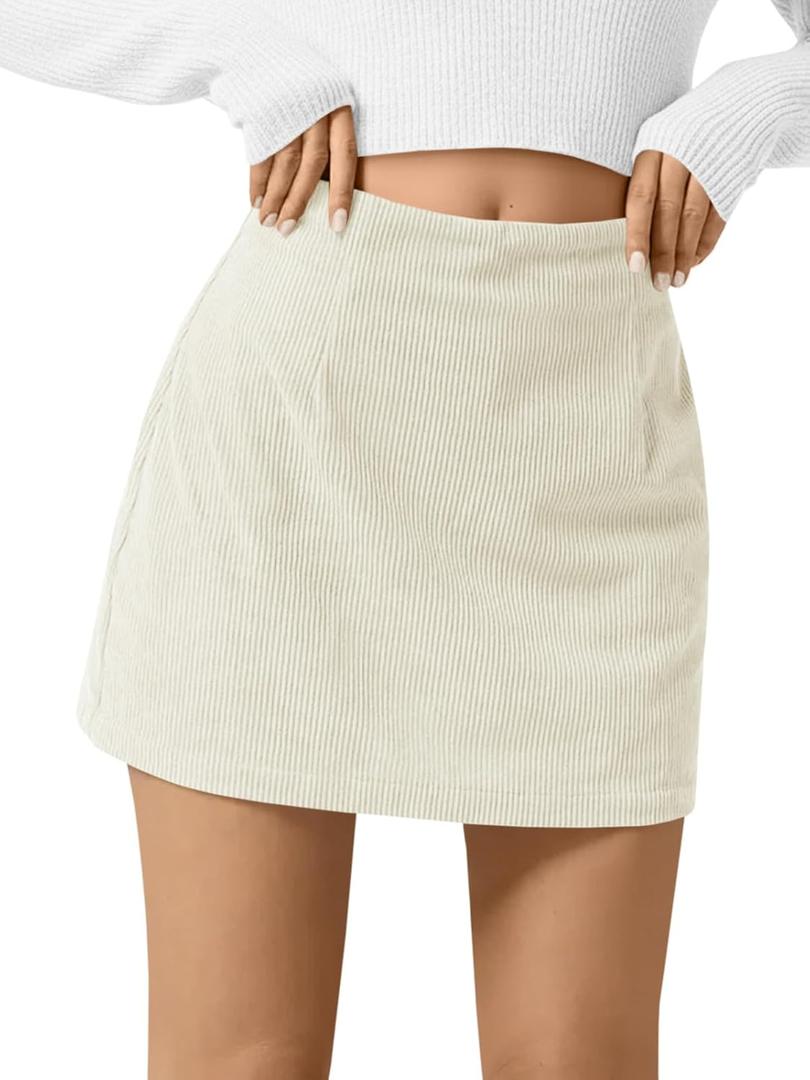 Wenrine Womens Corduroy Mini Skirt High Waisted Basic Casual A-line Short Fall Winter Skirts (Beige)