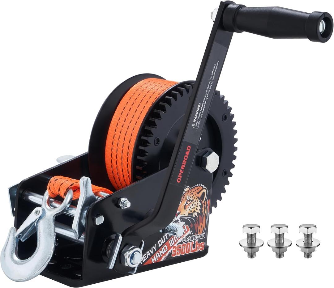 OPENROAD 3500LB Boat Trailer Winch - Heavy Duty Hand Winch with 32 FT Orange Strap, 2-Way Ratchet With 4:1/8:1 Gear - Ideal for Boat, Truck, Trailer, RV, ATV and Jet Ski - Includes Installation Screws