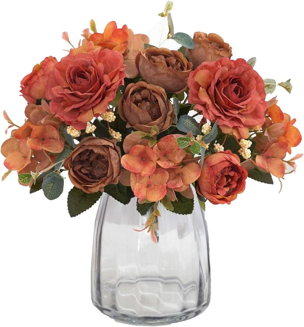 Artificial Flowers Fake Peony Silk Flowers Hydrangea Bouquet Decor Faux Camellia Flower for Home Living Room Table Centerpieces Decoration (Russet)