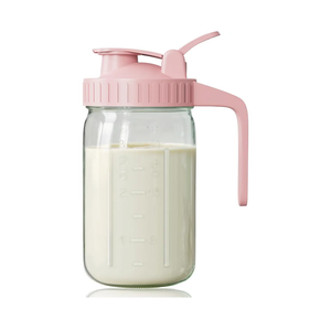 Breast Milk Pitcher, Mason Jar 32 oz, Heavy Duty Wide Mouth Jar with Pink Flip Cap Lid and Pour Spout, Airtight Seal for Freshness and Convenience, Great for Cold Beverages and Home Entertaining