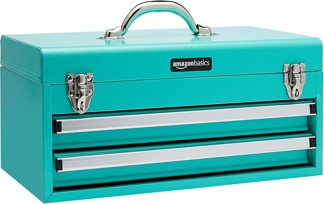 Amazon Basics Steel Tool Box Storage and Organization Drawers, Tool Storage with Powder Coat Finish, 18.11 x 8.66 x 9.45 in, Turquoise