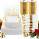 Goodluck 352 Piece Gold Dinnerware Set for 50 Guests, Thanksgiving Square Plastic Plates with Gold Trim, Include: 100 Plastic Plates, 50 Rolled Napkins, 50 Cups, 50 Cutlery Set and 2 Tablecloth