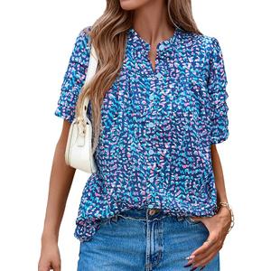 MASCOMODA Womens Tops Summer Boho Floral Short Sleeve Button Down Shirts Crewneck Loose Vacation Dressy Casual Work Blouses S