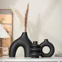 White Ceramic Vases Set of 3, Minimalist Nordic Modern Style, Round Donut Vase for Dried Flowers, Pampas Grass & Fresh Blooms,Boho Home Decor for Table Shelf Living Room Office (Black)