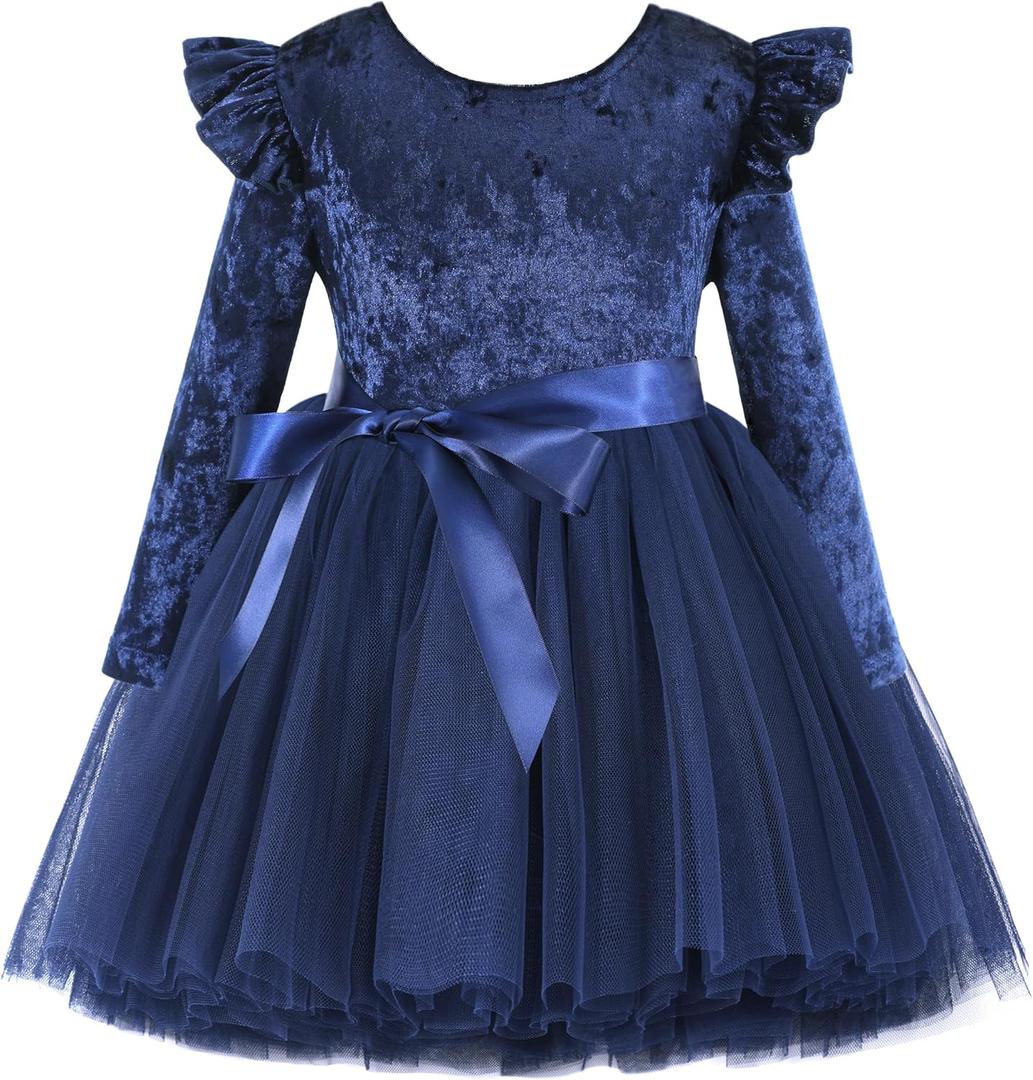 Flofallzique Toddler Girls Velvet Dress Long Sleeve Tulle Tutu Birthday Tea Party Princess Dresses Size: 1T (Navy)