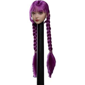 1/6 Scale Female Head Sculpt Asian Young Big Movable Eyes Purple Double Twist Braid Head for 12inch Phicen, TBLeague Action Figure Body Collection