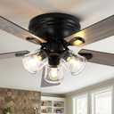 52 Inch Vintage Ceiling Fan with Light and Remote Control, Flush Mount Chandelier Fandelier Rustic with 6 Speeds 5 Reversible Blades for Bedroom Kitchen Dining Room