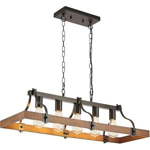 Feohak Farmhouse Chandeliers for Dining Room, 5-Light Rustic Kitchen Island Light Fixture, Wood Linear Industrial Black Rectangular Ceiling