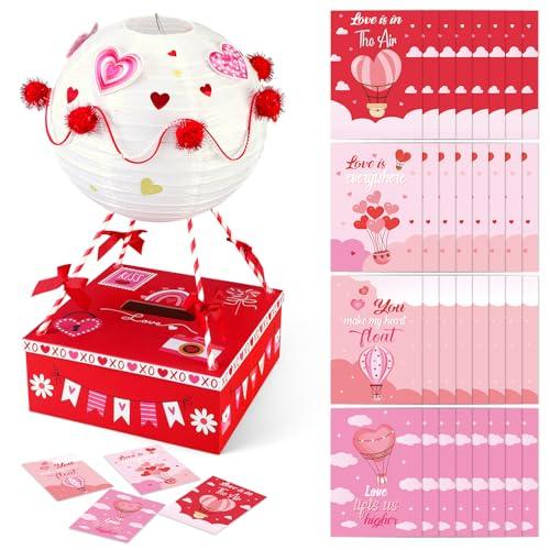 Chivertion Valentines Day Boxes DIY Mailbox with 32 Hot Air Balloon Greeting Cards Valentine's Day Table Box Gift for Party Favor Sets for School Classroom Gifts Exchange