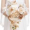 Ling's moment Beige Bridal Bouquet Cascading, Brown Wedding Bouquets for Bride, 13 Inch Bride Bouquets for Wedding Artificial Flowers Bouquets