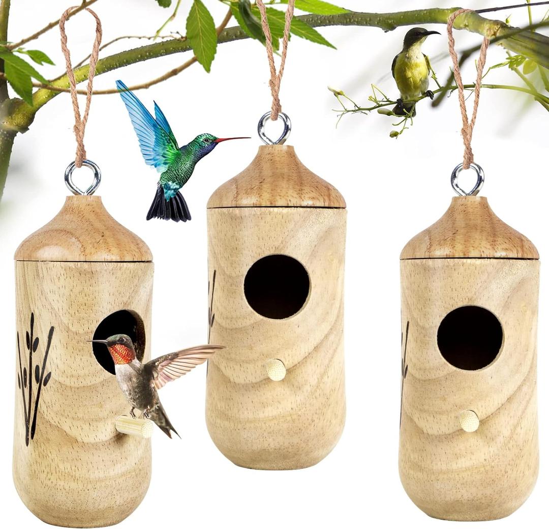 Hummingbird House for Outside Hanging,Wooden Humming Bird Nest 3 Pcs with Hemp Ropes (MI3723)