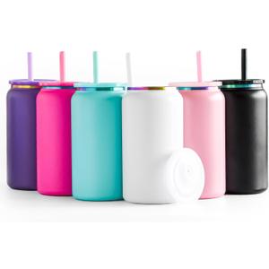 FECBK 6 Pack Glass Cups with Lids and Straws Unbreakable 16 oz Stainless Steel Can Cup Double Wall Insulated Beer Can Tumbler for Iced Coffee, Juice, Soda, MatteColored