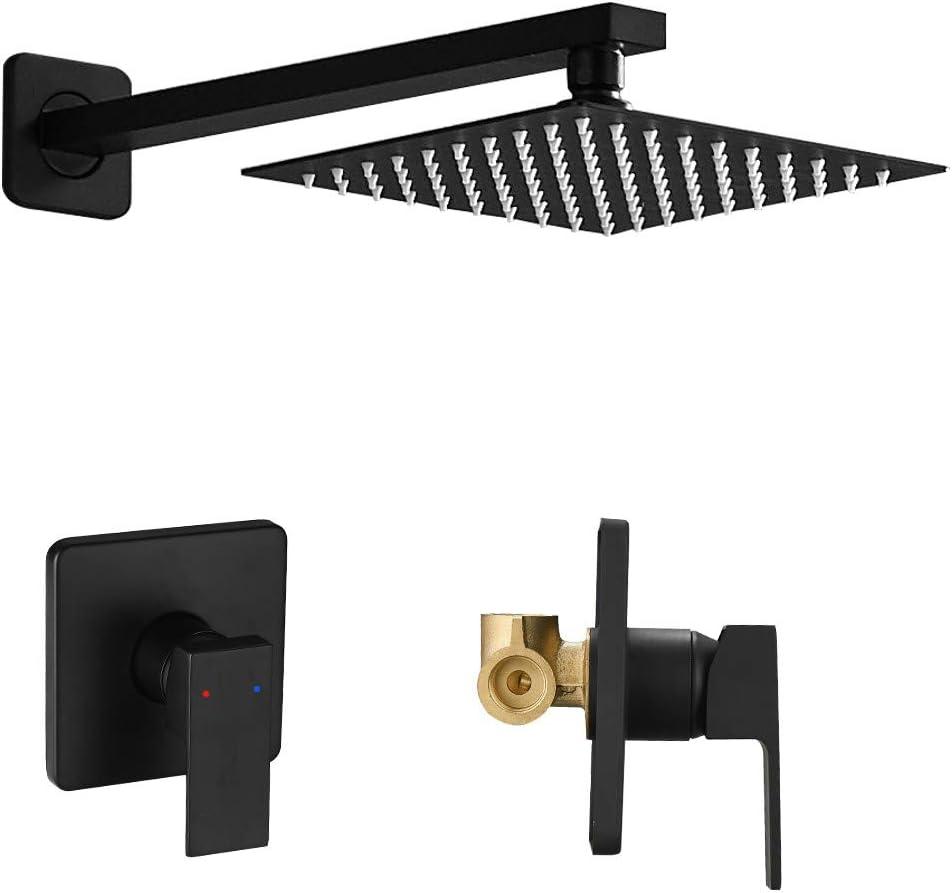 Matte Black Shower Faucet Set, Single Function Shower Trim Kit with Rough-in Valve, Square Rain Shower Head System Included Extra Long Shower Arm for Bathroom