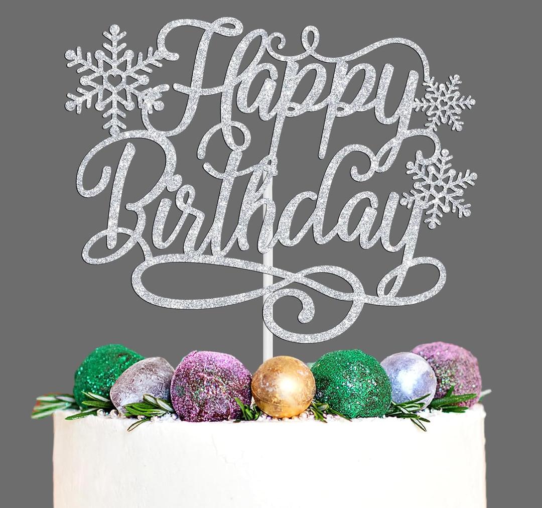 Snowflake Happy Birthday Cake Topper, Winter Birthday in November/January, Christmas Bday Party Decorations Supplies for Men Women
