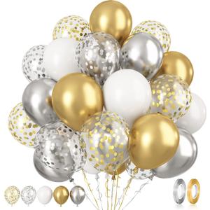 Paready Gold and Silver Latex Balloons, 60 Pcs 12 Inch Metallic Gold Silver and White Confetti Balloons for Birthday Baby Shower Engagement Anniversary Wedding Bridal Shower Graduation Decoration