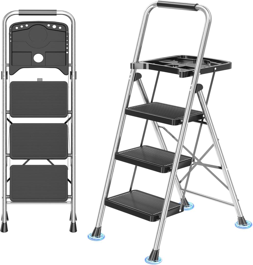 3 Step Ladder, Folding Step Stool with Tool Platform, Wide Anti-Slip Pedal and Anti-Slip Feet, Sturdiest Steel Construction, 600lbs Capacity Steel Ladder for Home Office, Grey (Gray)