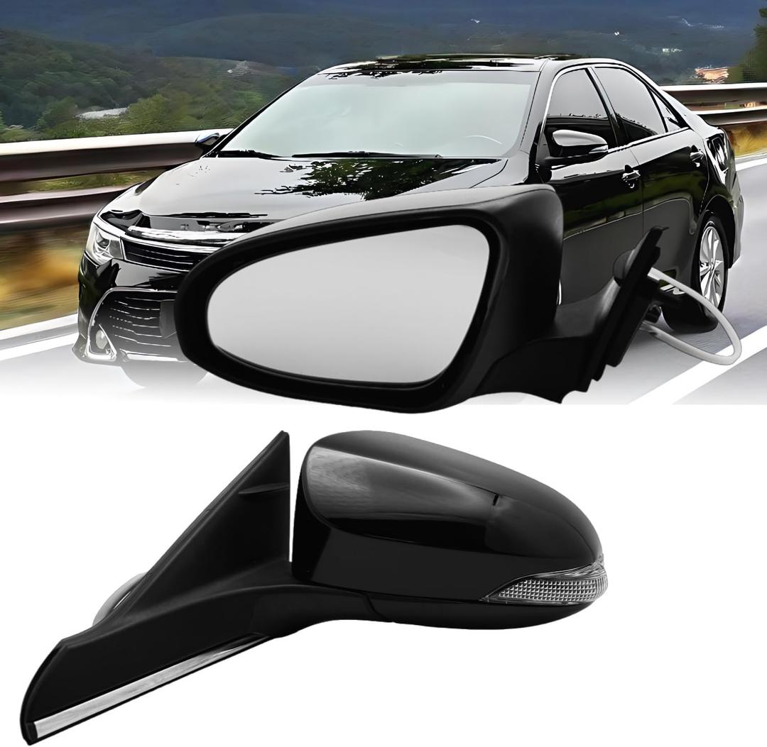 Left Driver Side Mirror Compatible With Toyota Camry 2015 2016 2017 With Power-Adjustable, Turn Signal Light, Non-Heated OE TO1320320 Black