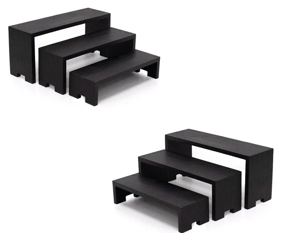 2 Set Black Display Risers Small Wooden Display Stand 6Pcs 3 Tiered Wood Racks Cupcake Stands Cologne Stands Perfume Riser for Display