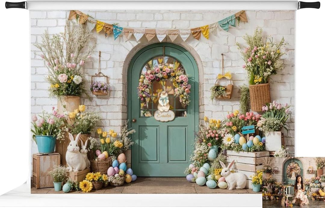 Kate Easter Photo Backdrops White Brick Wall Rabbit Eggs Background Door Party Banner Props, 7x5ft