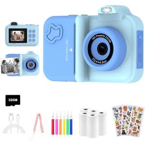 Kids Camera Instant Print, Christmas Birthday Gifts Toys for Girls Boys Age 4 5 6 7 8 9 10 11 12 Years Old,1080P HD Dual Lens Selfie Digital Camera with 5 Rolls Print Paper Stickers Pens 32G Card (Blue)