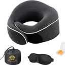 Neck Pillow Head, Chin, Neck 360 Support Pillow Adjustable 100% Pure Memory Foam Pillow for Airplanes, Car & Home, Ergonomic Design Full Neck Surround Bundle Eyecover & Earplugs (Black)