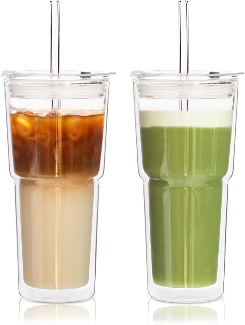 KEMORELA 2PCS 20oz Double Wall Glass Tumblers with Lids and Straws  Insulated Borosilicate Glass Matcha Cups for Iced Matcha Latte, Smoothies, Reusable Travel Glass Cups  Leak Proof 2-in-1 Lid