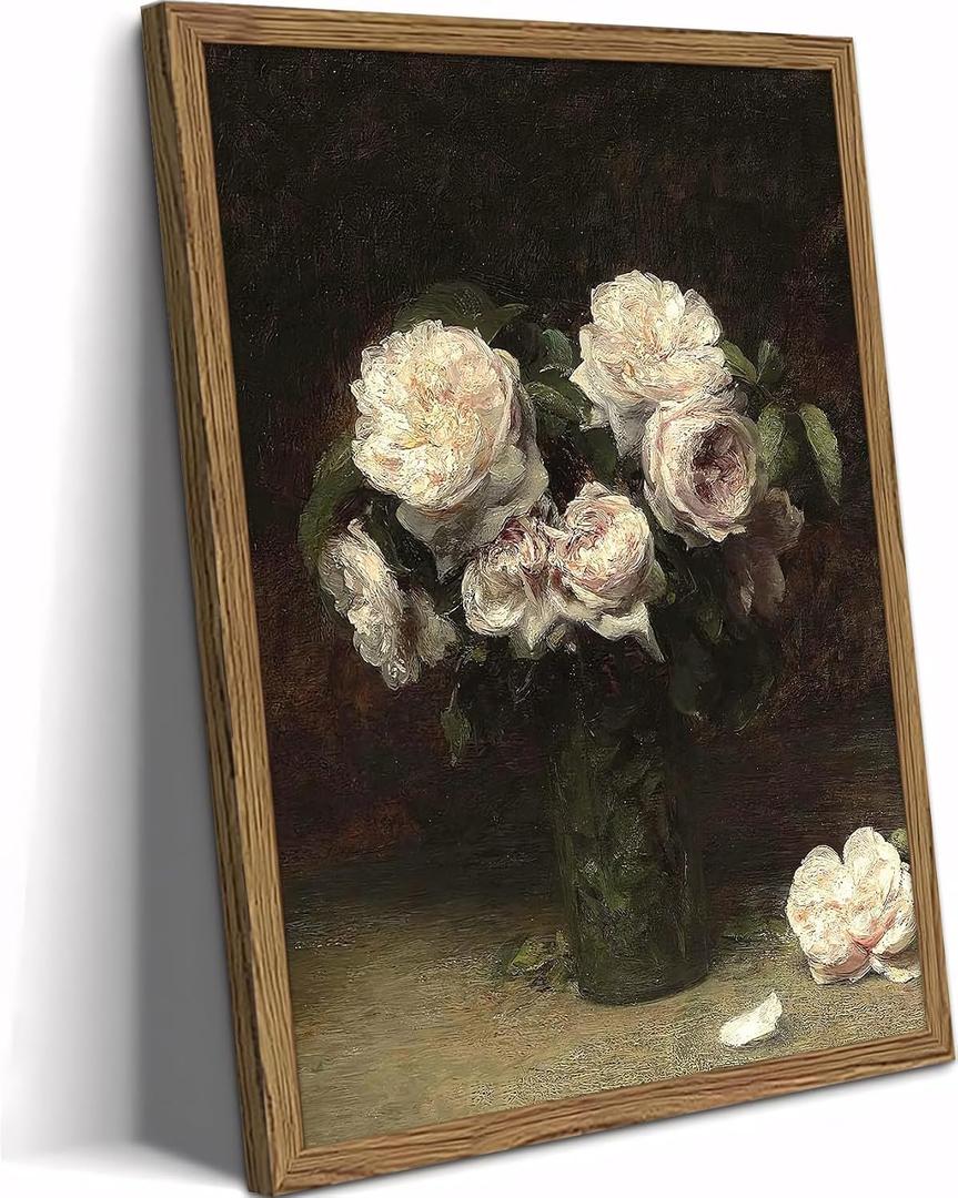 Vintage Floral Wall Art Framed – Moody Dark Rose Canvas Print with Natural Solid Wood Frame, Antique French Country Flower Wall Decor for Bedroom Bathroom Kitchen16x12in