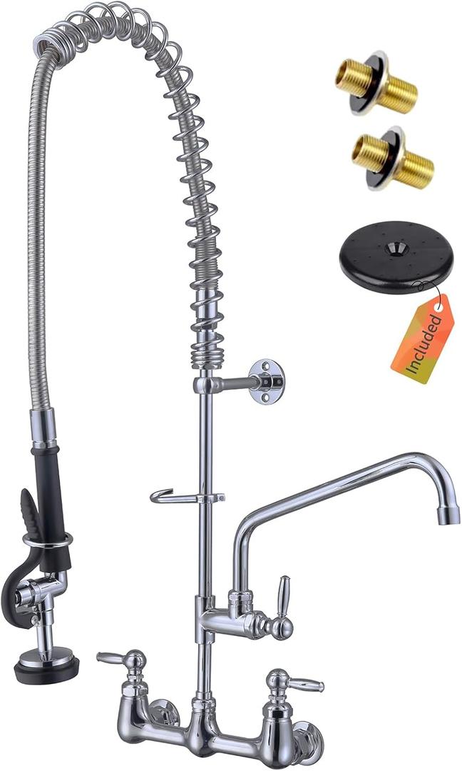 Commercial Sink Faucet with Pre Rinse Sprayer, Wall Mount Kitchen Faucet for 3 Compartment Sink, 36" Height, 8"  Restaurant Commercial Faucet with 12 Spout, Brass, Industrial