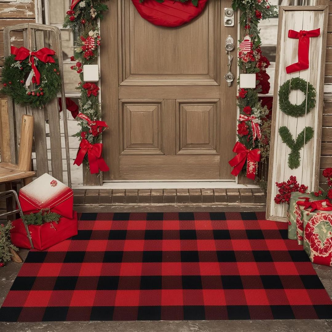 WAYYE Buffalo Plaid Outdoor Rug 3x5 Ft Red and Black Checkered Area Rug Washable Doormats Indoor Outdoor Rugs for Layered Front Door Mats, Porch, Entryway, Kitchen, Farmhouse