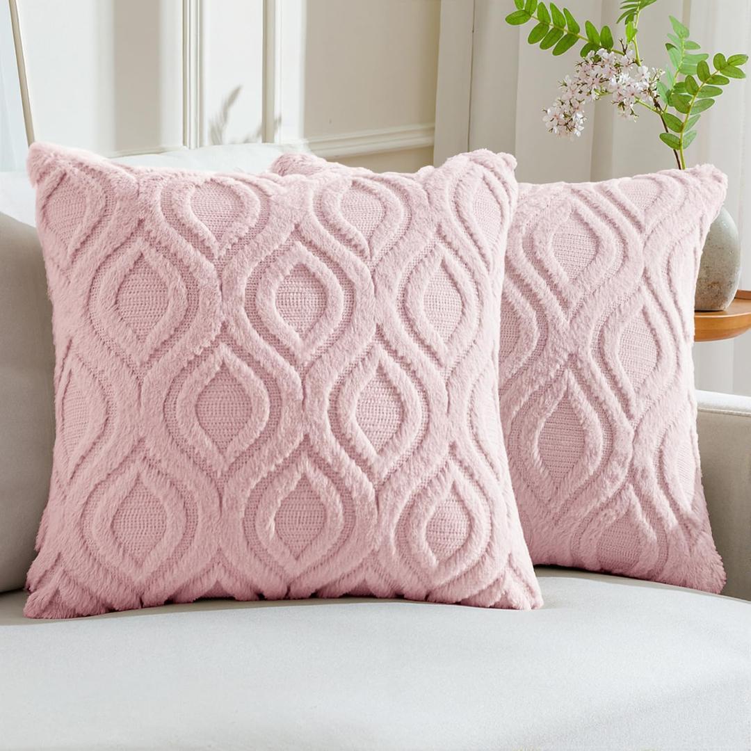 MIULEE Light Pink Valentines Throw Pillow Covers 18x18 Inch, Soft Spring Plush Faux Wool Couch Pillow Covers Set of 2 Decorative Farmhouse Boho Throw Pillows for Sofa Living Room Bed
