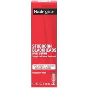 Neutrogena Stubborn Blackheads Daily Acne Facial Serum with Salicylic, Glycolic, Polyhydroxy & Mandelic Acids, Oil-Free Face Serum for Acne-Prone Skin to Help Clear Clogged Pores, 1 fl. oz