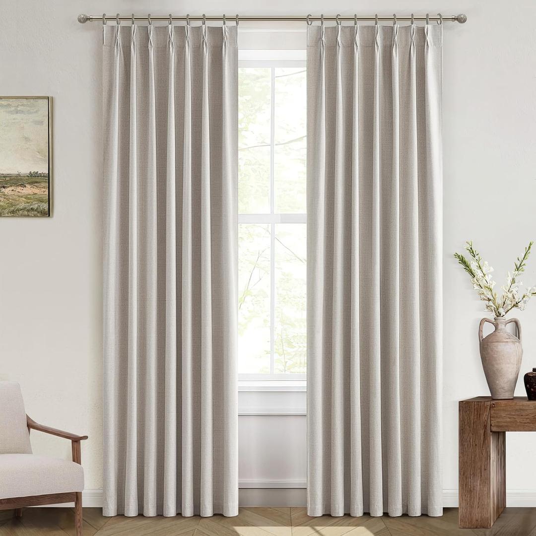 100% Blackout Thermal Curtains 84 Length 2 Panels Set for Bedroom, Linen Windows Pinch Pleated Drapes with Hooks for Track 7ft Modern Rustic Living Room Darkening Curtains 84 Inches Long Off White (Natural)