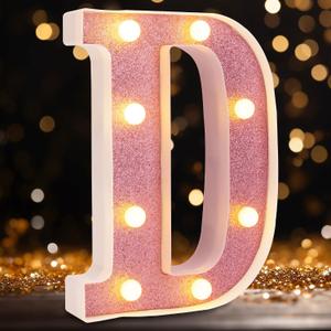 Small Led Marquee Letters, Light Up Letters, 8.58 Inch Led Letter Lights, Battery Powered Lighted Sign for Table, Party, Birthday, Christmas Decor (Pink Glitter, Letter D)