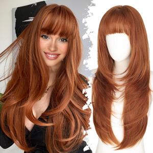 Long Ginger Wig with Bangs for Women, 4x4 Realistic Scalp, Free Parting, Layered Hairstyle Synthetic Heat Resistant for Daily Party Use 26 Inch