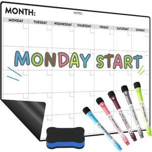 Monthly Magnetic Dry Erase Calendar for Refrigerator Monday Start Calendar Magnet 17 x 12 | Whiteboard Calendar for Fridge | Include 5 Markers & Eraser - Freedom Mastery