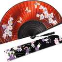 8.27"(21cm) Hand Held Bamboo Silk Folding Fan, Chinese/Japanese Charming Elegant Vintage Retro Style, Women Ladies Girls for Birthday, Wedding, Party, Red Orchid