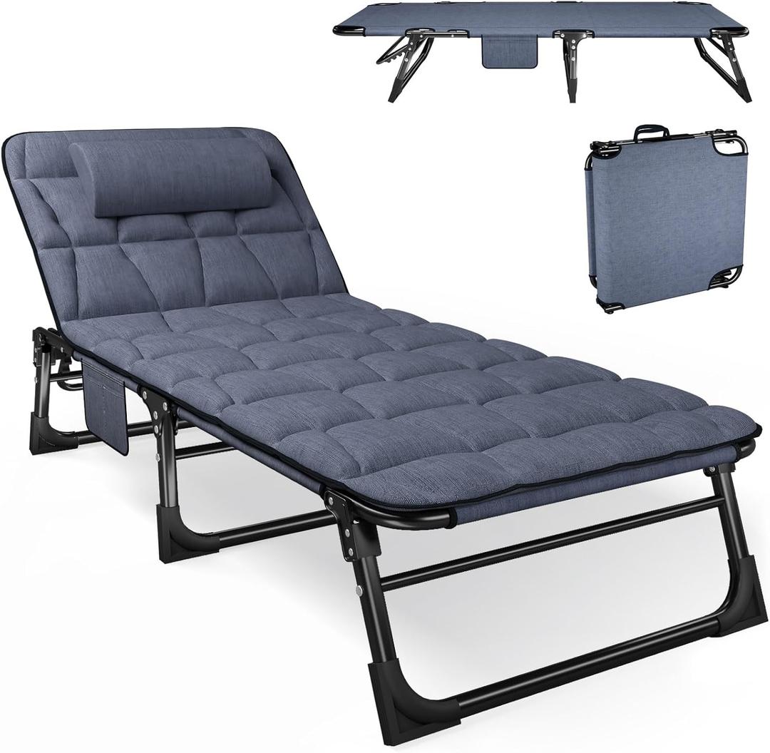 ATORPOK Folding Camping Cot for Adults with Padded Mattress and Pillow, Adjustable Reclining Lounger Sleeping Cot Bed, Ideal for Camping, Travel, Garden, or Office Use, Blue, Single
