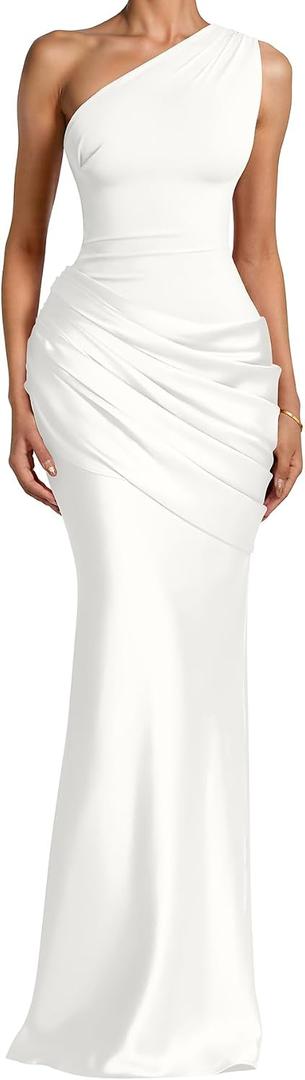 Memoriesea Women's Sexy One Shoulder Asymmetrical Pleated Formal Evening Gown Maxi Dress, Medium, White