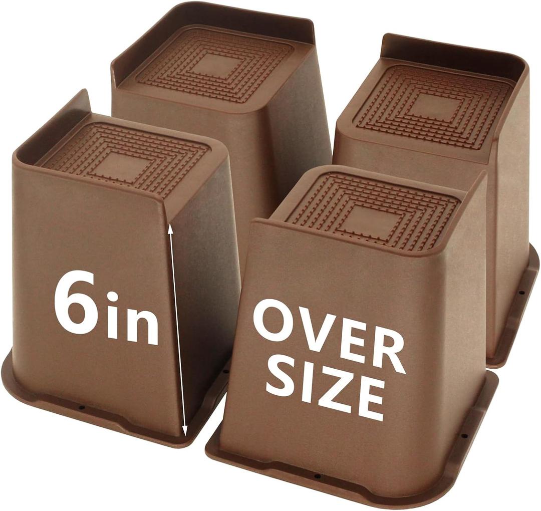 4 Pack Dark Brown Bed Risers 6 inch Heavy Duty, Oversized Furniture Risers, Bed Lifts Risers for Table, Sofa, Chair, Couch, Desk, Bed Frame Risers Supports Up to 6,500 Lbs